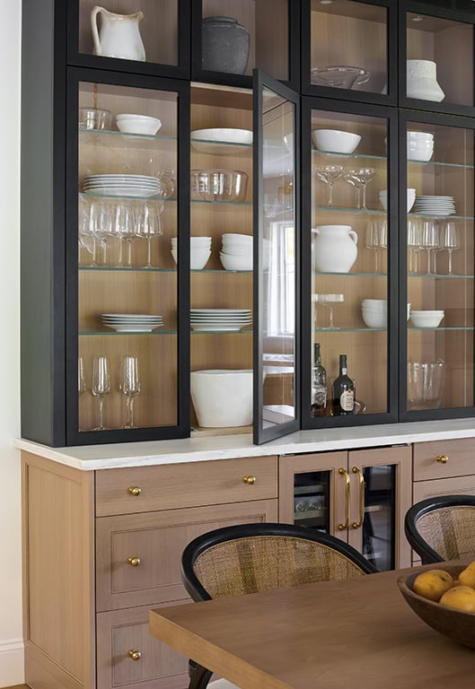 Wood and Black Dishware Cabinets