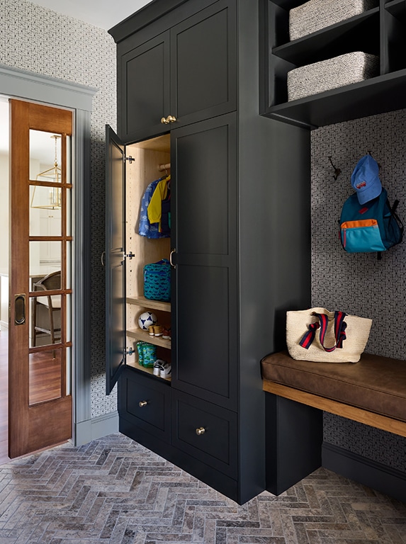 Black and Wood Mudroom Cabinets